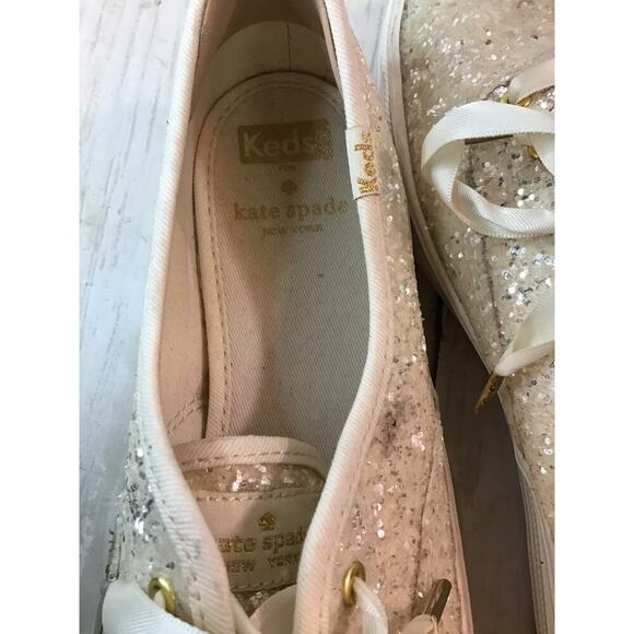 Kate Spade X New York Glitter Cream Keds Ribbon tie platform shoes size 9 - Picture 9 of 9